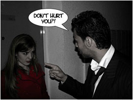 David stands back in disbelief and points angrily at Jessica: 'Don't hurt you?!'