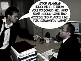 Davide angrily points at Miller: 'Stop playing innocent.. I know you poisoned me.. Who else could have had acces to places like the chemistry labs?'