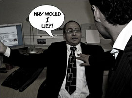 Miller with arms stretched as he falls back into his chair: 'Why would I lie?!'