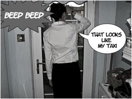 There is a car beep outside, David's wife goes to the window to check it out: 'That looks like my taxi'