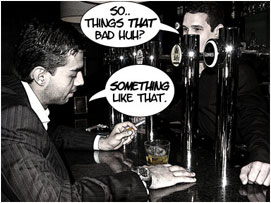 The barman to David: 'So things that bad huh?'. David staring down into his drink: 'Something like that.