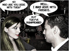 Jessica's drink arrives: 'So who are you here with then'. David replies: 'Well.. I was here with friends.. But they've disappeared'