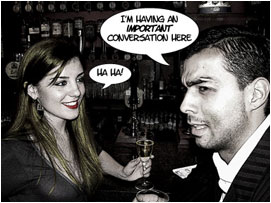 David tries to keep a straight face:'I'm having an important conversation here'. This makes Jessica giggle a little.