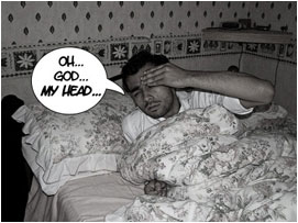 David holds his head in pain and groans: 'Oh.. God.. My head..'