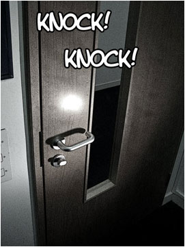 There is a knock at the office door.