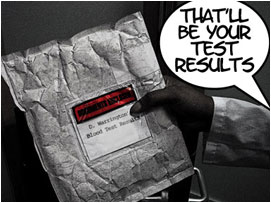 Doc Hanson answers the door and receives an envelope: 'That'll be your test results now.'