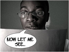 The Doc proceeds to sit down and read the results:'Now let me see..'