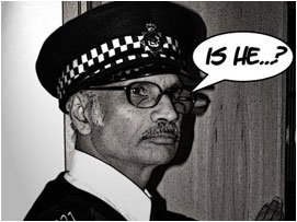 The desk sergeant from earlier enters and sees David now motionless on the floor: 'Is he?'